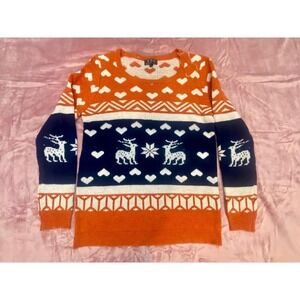 POL Womens Fair Isle Reindeer Heart Holiday Knit Sweater Orange Navy CL 166 L